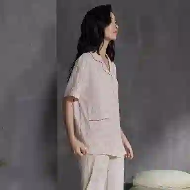 欧迪芬 高级简约短袖格纹常规翻领长裤睡衣套装 女款