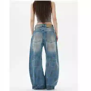 欧迪芬 美式高街慵懒松弛感裤子潮牌设计感废土风破洞潮牛仔裤 女款