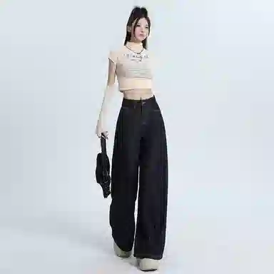 欧迪芬 百搭美式气质高腰水洗复古立体磨白宽松垂感拖地长裤显高透气拍照通勤学生上班约会牛仔裤 男女同款 深蓝色