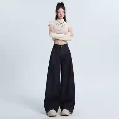 欧迪芬 百搭美式气质高腰水洗复古立体磨白宽松垂感拖地长裤显高透气拍照通勤学生上班约会牛仔裤 男女同款 深蓝色