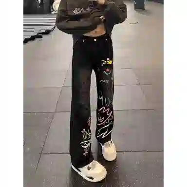 欧迪芬 美式高街涂鸦裤女万圣节穿搭裤子设计感显瘦直筒微喇裤街头帅气牛仔裤 女款