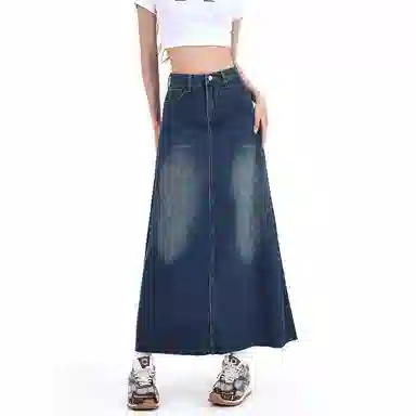 欧迪芬 纯色简约百搭高腰宽松牛仔长裙 女款 蓝色