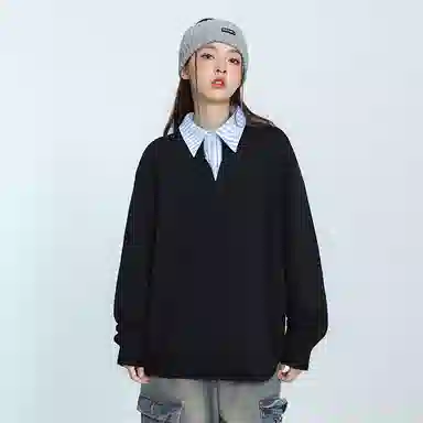 欧迪芬 港式情侣款奶黄色复古假两件衬衫立领上衣秋季毛衣女生美式宽松高街百搭休闲外套卫衣女士慵懒简约纯色显瘦潮流潮牌学生毛衣 女款