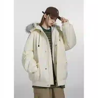 欧迪芬 复古简约纯色学院风加厚保暖防风百搭舒适户外休闲运动登山旅行多口袋工装外套无性别主义情侣款可拆卸毛领立领连帽棉服 男女同款