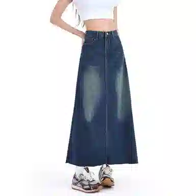 欧迪芬 纯色简约百搭高腰宽松牛仔长裙 女款 蓝色