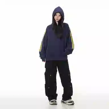 欧迪芬 复古潮牌条纹连帽春秋插肩袖套头外套宽松长袖卫衣 男女同款