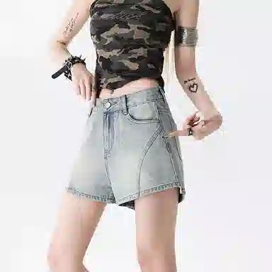 欧迪芬 复古拼接设计高腰休闲直筒裤子辣妹紧身包臀热裤时尚潮流水洗做旧时尚舒适牛仔短裤 女款