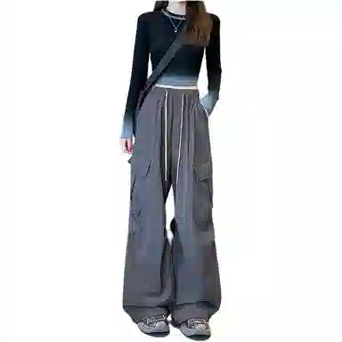 欧迪芬 白灰色春秋美式大口袋抽绳束脚工装裤女士通勤百搭运动阔腿裤宽松休闲冰丝户外登山裤跑步速干运动裤女生舒适时尚显瘦休闲裤 女款