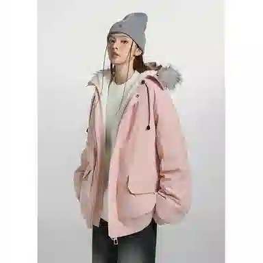 欧迪芬 复古简约纯色学院风加厚保暖防风百搭舒适户外休闲运动登山旅行多口袋工装外套无性别主义情侣款可拆卸毛领立领连帽棉服 男女同款