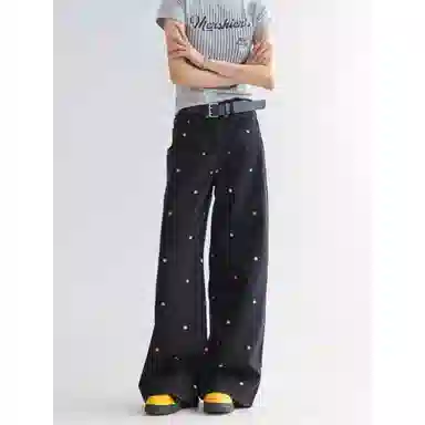 欧迪芬 美式复古彩色刺绣阔腿裤春秋时尚小众拖地长裤子显瘦显高宽松牛仔裤 女款