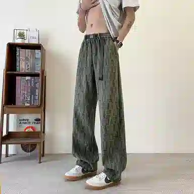 欧迪芬 潮牌复古冰丝凉感速干薄款街头痞帅灯芯绒条纹格子提花卫裤时尚潮流百搭宽松舒适垂感直筒亲肤透气高街休闲裤 男女同款