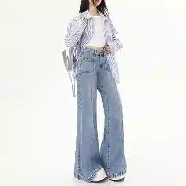 欧迪芬 美式高街设计感宽松阔腿高腰口袋设计垂感拖地柔软舒适牛仔裤 女款 浅蓝