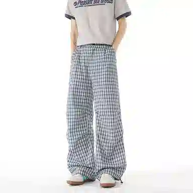 欧迪芬 美式褶皱做旧英伦风松弛直筒格子设计感宽松港风青春少年感流行高街韩系简约潮流痞帅时尚个性舒适透气百搭无性别休闲裤 男女同款