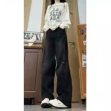 欧迪芬 复古浅色水洗做旧阔腿裤女秋季高腰宽松显瘦直筒拖地裤子 牛仔裤 女款