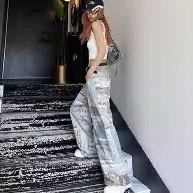 欧迪芬 美式报纸小众高腰牛仔裤 男女同款 复古蓝