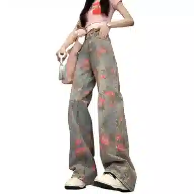 欧迪芬 美式复古扎染高街设计感满印花朵薄款休闲高腰牛仔裤 女款 蓝色