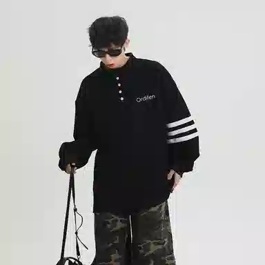 欧迪芬 撞色条纹潮流高级感简约半开襟设计慵懒风休闲宽松吸湿排汗舒荫适百搭通勤显高印花时尚高街无性别主义长袖卫衣 男女同款