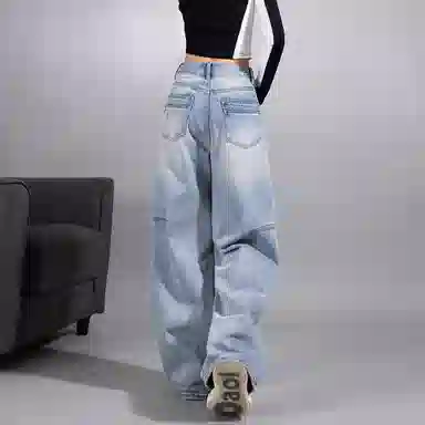 欧迪芬 美式复古水洗做旧情侣款潮牌高街阔腿裤子时尚休闲百搭中性高街拼接宽松百搭拖地简约时尚浅蓝色街头风休闲长裤牛仔裤 女款