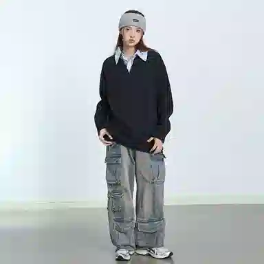 欧迪芬 港式情侣款奶黄色复古假两件衬衫立领上衣秋季毛衣女生美式宽松高街百搭休闲外套卫衣女士慵懒简约纯色显瘦潮流潮牌学生毛衣 女款