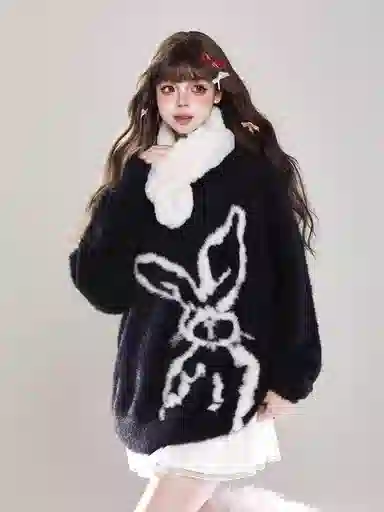 欧迪芬 奶呼呼马海毛软糯冬季美式小兔提花慵懒风毛衣 女款