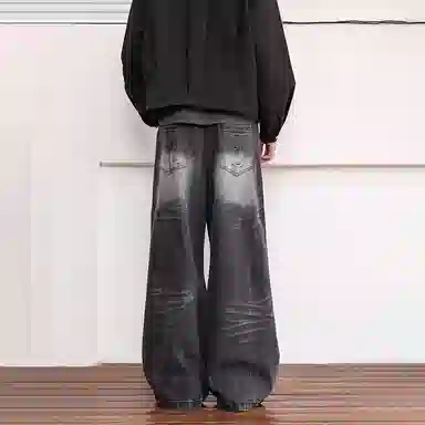 欧迪芬 美式复古宽松拉链做旧阔腿牛仔裤 女款 黑色