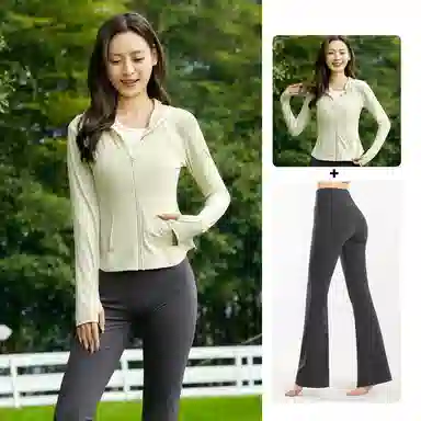 欧迪芬 修身连帽春夏冰丝防晒服凉感短款显瘦外套微喇叭裤两件套速干时尚运动风轻盈舒适感防晒衣透气性好时尚设计显瘦效果健身套装 女款