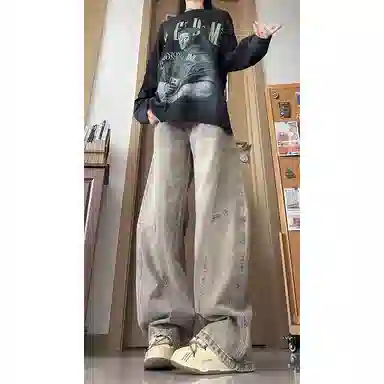 欧迪芬 水洗直筒裤女秋季美式高质量猫须褶皱宽松休闲长裤牛仔裤 女款