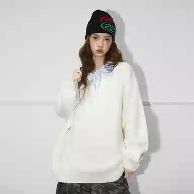 欧迪芬 港式情侣款奶黄色复古假两件衬衫立领上衣秋季毛衣女生美式宽松高街百搭休闲外套卫衣女士慵懒简约纯色显瘦潮流潮牌学生毛衣 女款