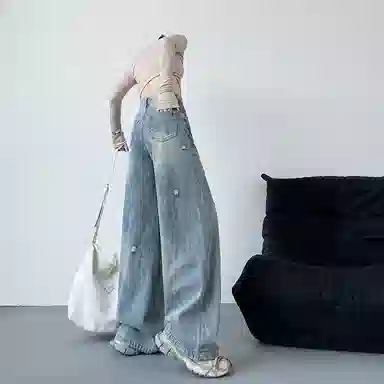 欧迪芬 美式复古阔腿裤高腰宽松长裤牛仔裤 女款 蓝色