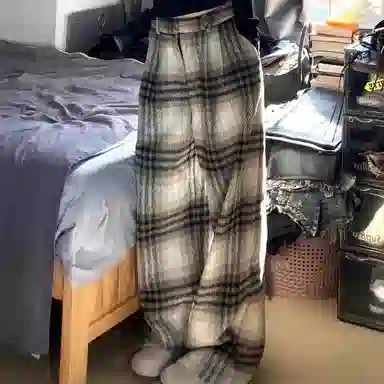 欧迪芬  贵夫人 美式复古高街毛呢格子直筒阔腿休闲裤 女款