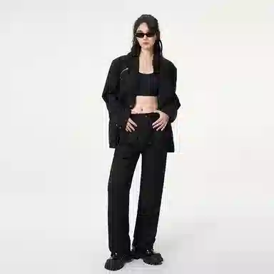 欧迪芬 纯色简约经典基础款设计褶皱宽松直筒西装裤 女款