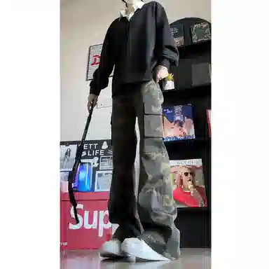 欧迪芬 美式复古迷彩工装裤情侣款秋季高腰显瘦直筒微喇裤窄版长裤休闲裤 男女同款