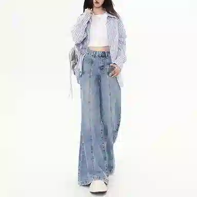 欧迪芬 美式高街设计感宽松阔腿高腰口袋设计垂感拖地柔软舒适牛仔裤 女款 浅蓝
