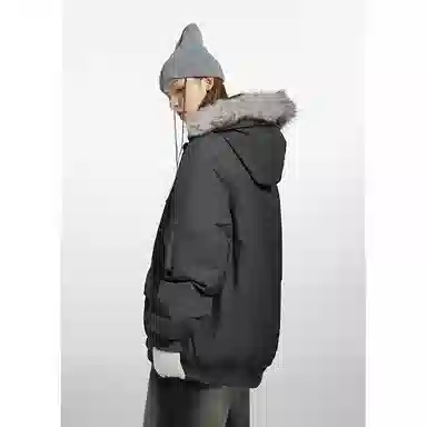 欧迪芬 复古简约纯色学院风加厚保暖防风百搭舒适户外休闲运动登山旅行多口袋工装外套无性别主义情侣款可拆卸毛领立领连帽棉服 男女同款