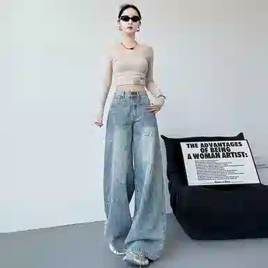 欧迪芬 美式复古阔腿裤高腰宽松长裤牛仔裤 女款 蓝色