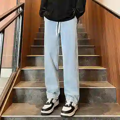 欧迪芬 基础款 宽松直筒垂感高街学院风通勤情侣百搭显高显瘦高级感休闲潮流做旧水洗抽绳褶皱舒适设计牛仔裤 男女同款