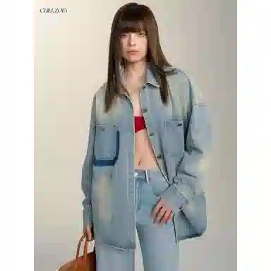 欧迪芬 复古做旧磨破衬衫女个性设计感衬衣休闲宽松显瘦百搭上衣潮流街头痞帅牛仔外套 女款