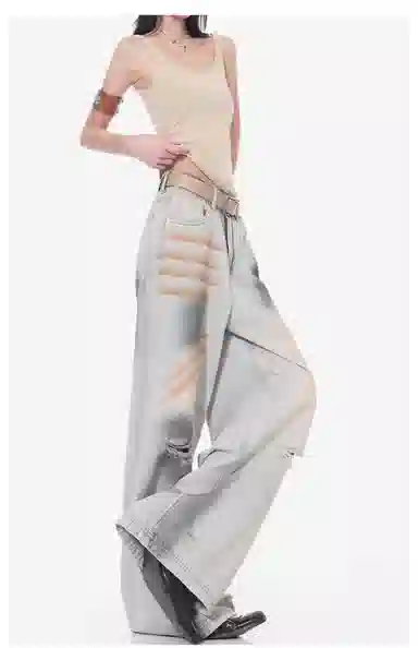 欧迪芬 高街破洞做旧水洗裤女高腰宽松显瘦阔腿裤垂感舒适时尚个性潮流牛仔裤 女款