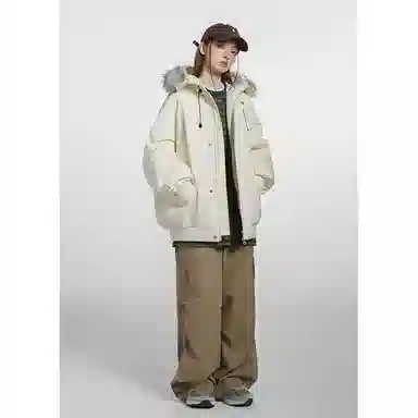 欧迪芬 复古简约纯色学院风加厚保暖防风百搭舒适户外休闲运动登山旅行多口袋工装外套无性别主义情侣款可拆卸毛领立领连帽棉服 男女同款