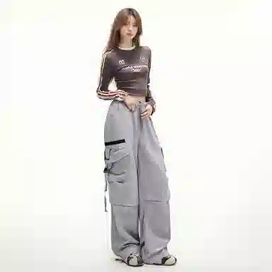 欧迪芬 小众褶皱设计潮流百搭美式高街慵懒风拖地山系户外机能风降落伞兵裤直筒裤休闲裤 男女同款工装裤 女款