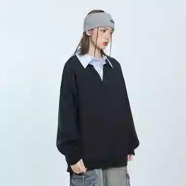 欧迪芬 港式情侣款奶黄色复古假两件衬衫立领上衣秋季毛衣女生美式宽松高街百搭休闲外套卫衣女士慵懒简约纯色显瘦潮流潮牌学生毛衣 女款