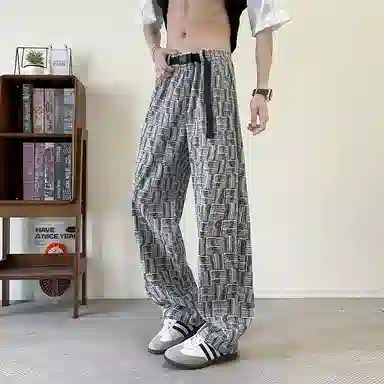 欧迪芬 潮牌复古冰丝凉感速干薄款街头痞帅灯芯绒条纹格子提花卫裤时尚潮流百搭宽松舒适垂感直筒亲肤透气高街休闲裤 男女同款