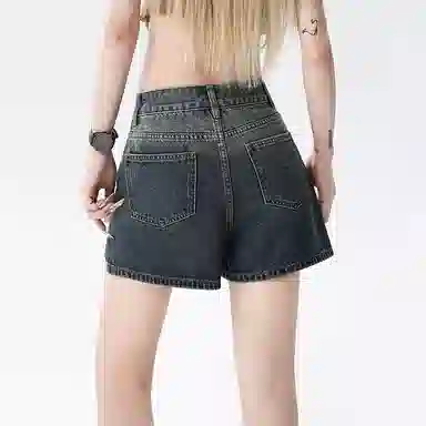 欧迪芬 复古拼接设计高腰休闲直筒裤子辣妹紧身包臀热裤时尚潮流水洗做旧时尚舒适牛仔短裤 女款