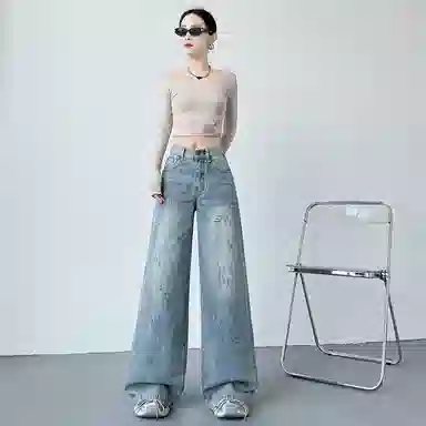 欧迪芬 美式复古阔腿裤高腰宽松长裤牛仔裤 女款 蓝色