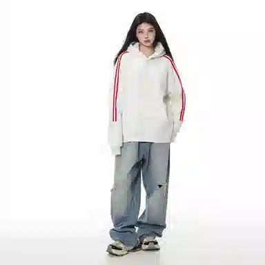 欧迪芬 复古潮牌条纹连帽春秋插肩袖套头外套宽松长袖卫衣 男女同款