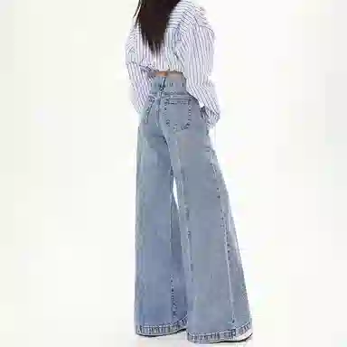 欧迪芬 美式高街设计感宽松阔腿高腰口袋设计垂感拖地柔软舒适牛仔裤 女款 浅蓝