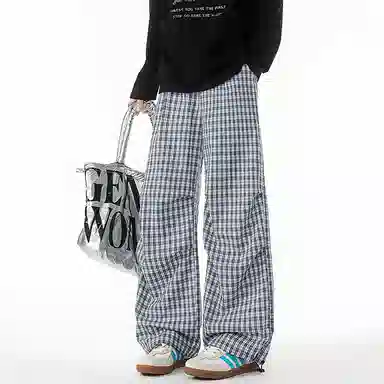 欧迪芬 美式褶皱做旧英伦风松弛直筒格子设计感宽松港风青春少年感流行高街韩系简约潮流痞帅时尚个性舒适透气百搭无性别休闲裤 男女同款