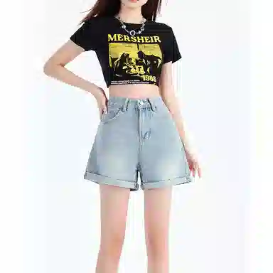 欧迪芬 纯色复古港风直筒休闲舒适三分裤牛仔短裤 女款