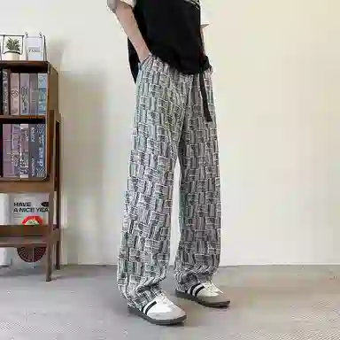 欧迪芬 潮牌复古冰丝凉感速干薄款街头痞帅灯芯绒条纹格子提花卫裤时尚潮流百搭宽松舒适垂感直筒亲肤透气高街休闲裤 男女同款