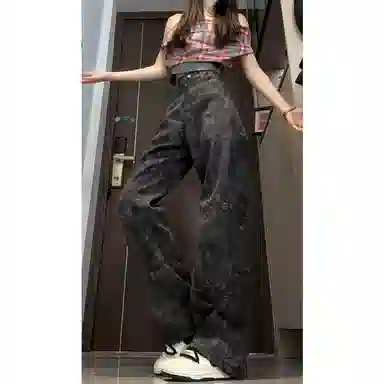 欧迪芬 美式复古迷彩蛇纹裤秋季窄版弯刀裤子直筒修身显高微喇裤牛仔裤 女款